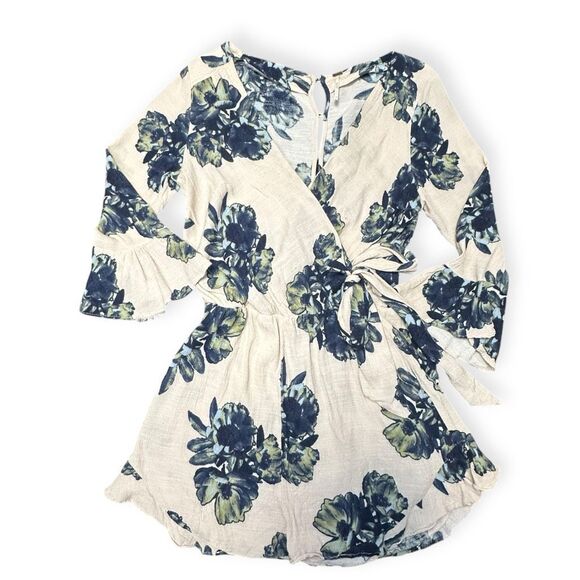 FREE PEOPLE Women’s Antique Combo Navy Cream Floral Long Sleeve Wrap Romper Size - Picture 3 of 7